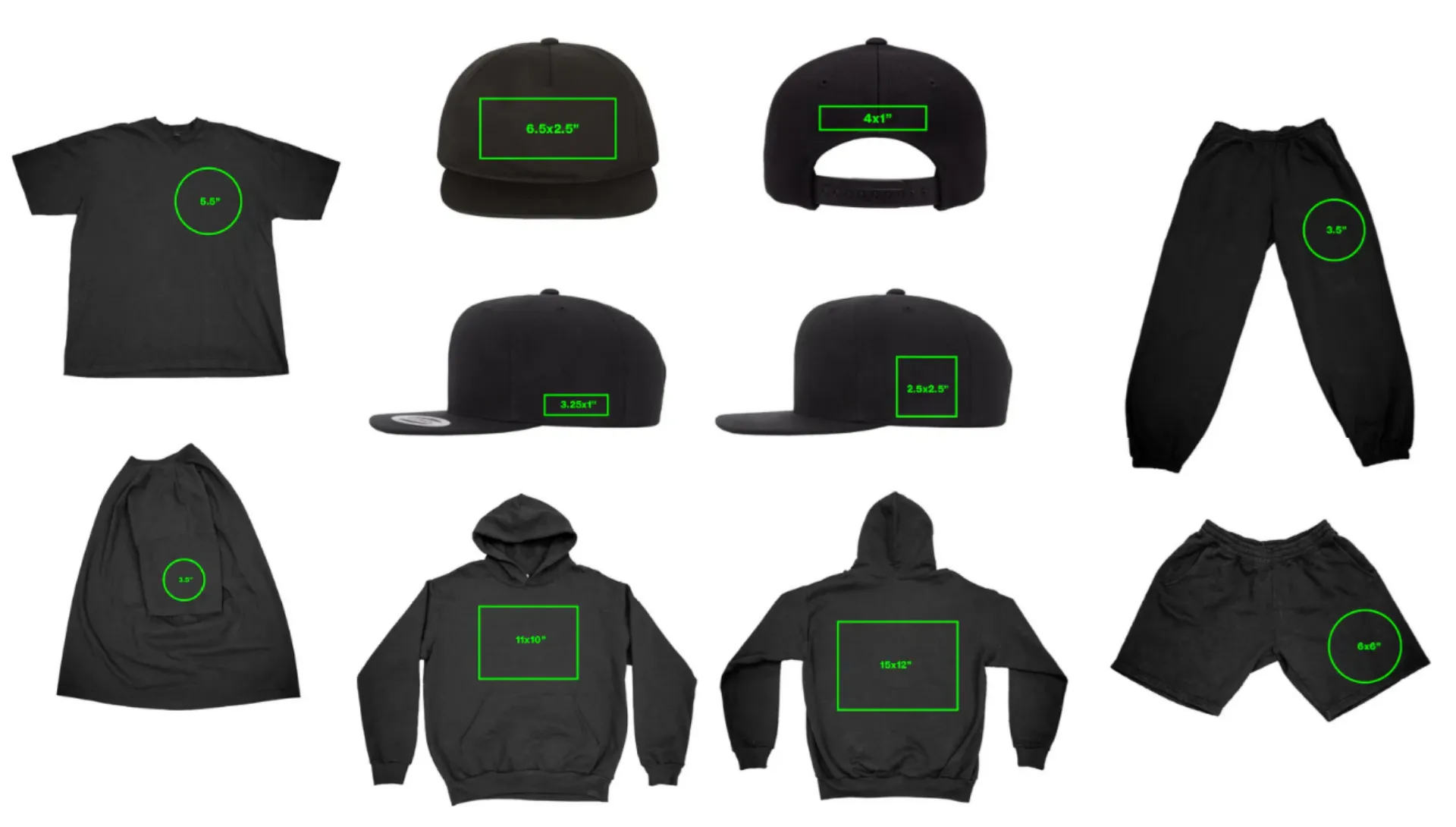 Embroidery maximum dimensions guide showing placement areas on various garments