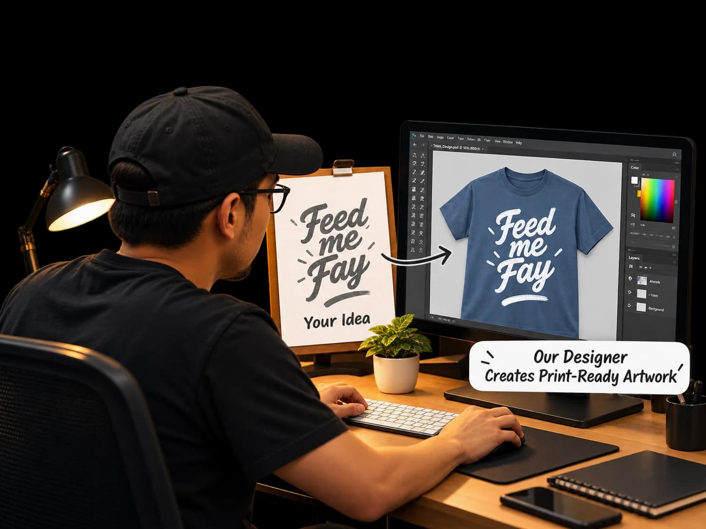 Teevision designer turning a customer's sketch into print-ready t-shirt artwork