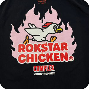 Rokstar Chicken x VandyThePink Multicolor screen printed t-shirt featuring Rokstar Chicken and VandyThePink collaboration with pink flame design for Complex