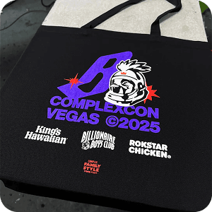 ComplexCon Vegas 2025 (tote bag) Custom screen printed black tote bag for ComplexCon Vegas 2025 featuring sponsor logos including Rokstar Chicken and Billionaire Boys Club