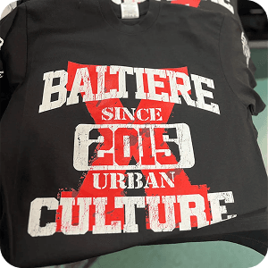 Baltiere Urban Culture Red and white distressed style screen print on dark apparel for Baltiere Urban Culture since 2015
