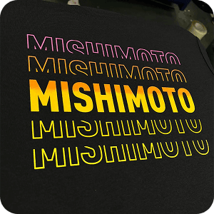 Mishimoto Multicolor gradient repeating text screen print on black t-shirt for Mishimoto automotive brand