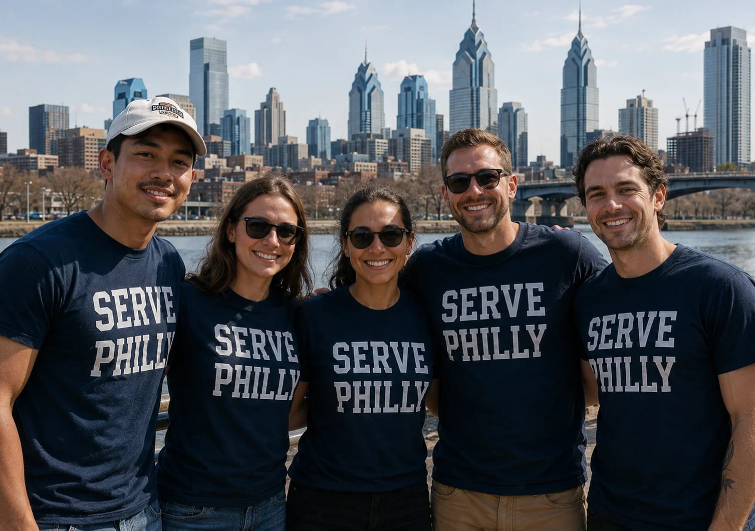 Group wearing custom-printed Philly tees