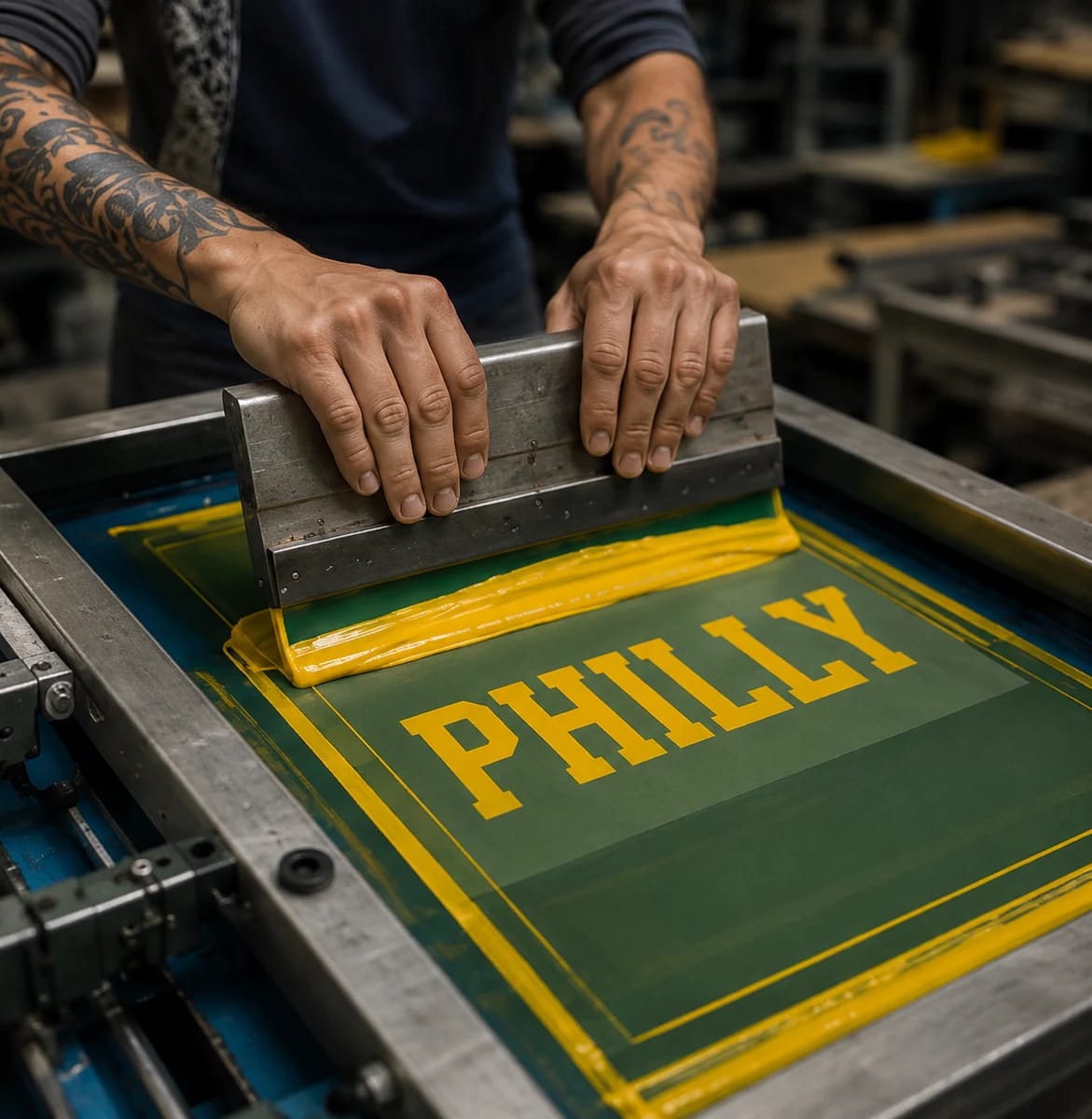 Tee Vision employee operating a screen-printing press